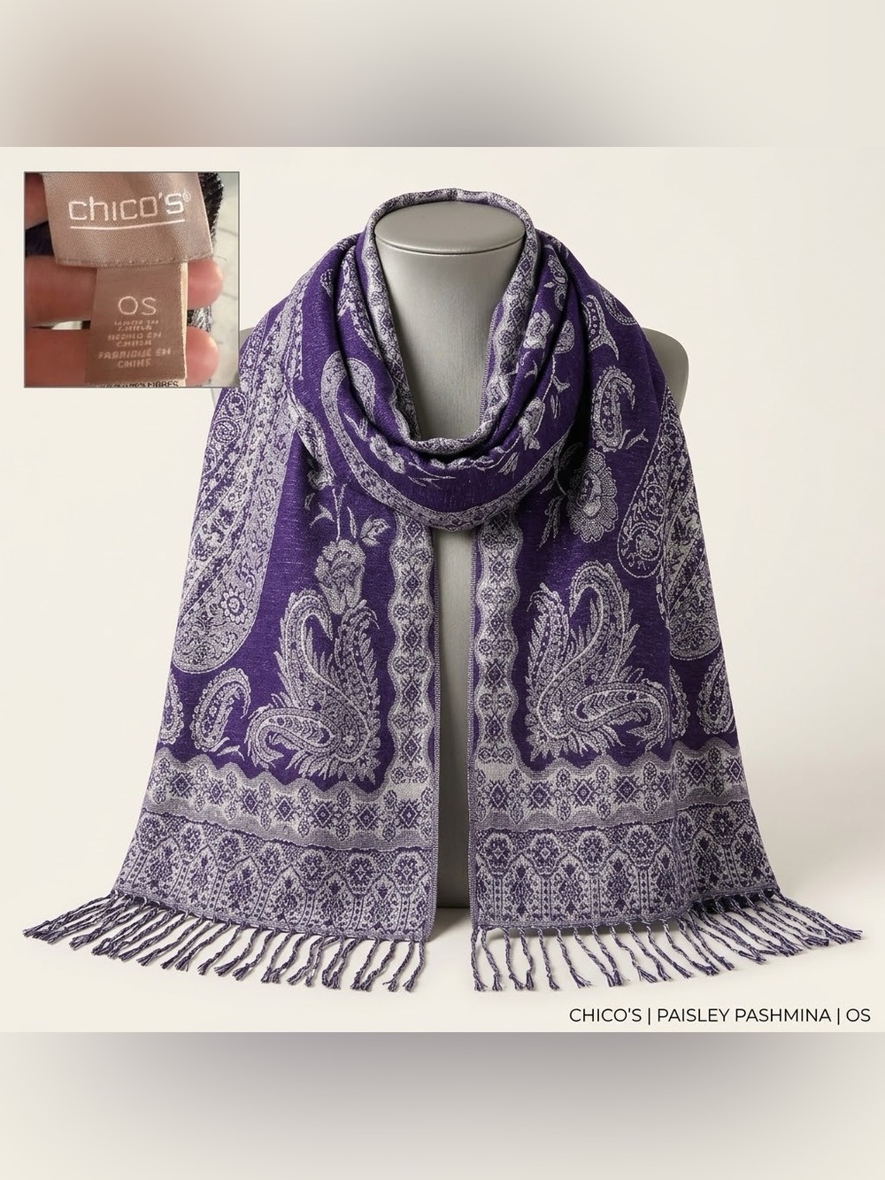 Chico's Purple and Silver Paisley Wrap Scarf